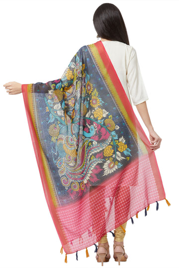 Kalamkari Print Blue And Pink Chanderi Silk Dupatta